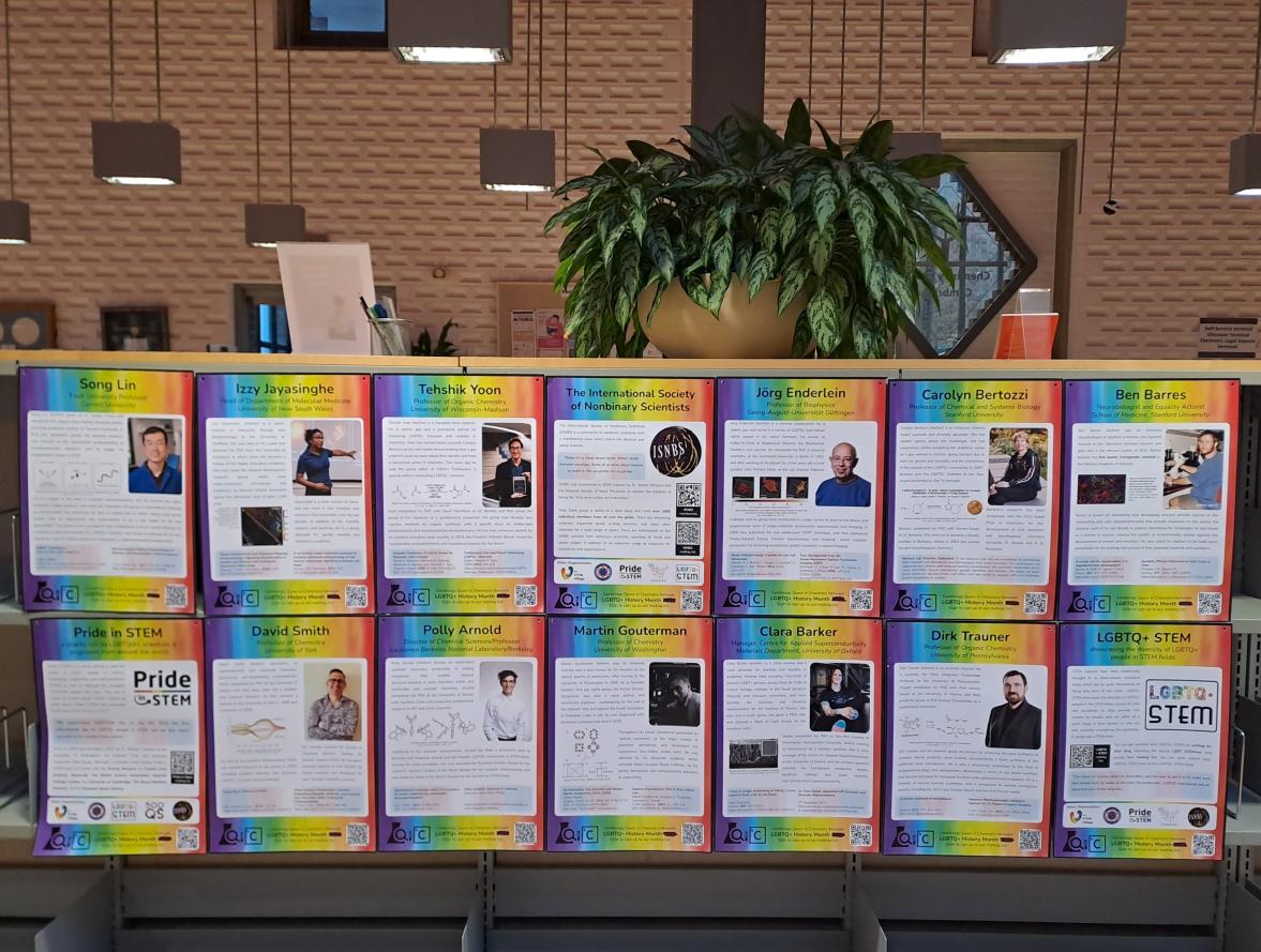 Posters promoting LGBTQ+ individuals and support networks in Chemistry and STEMM.